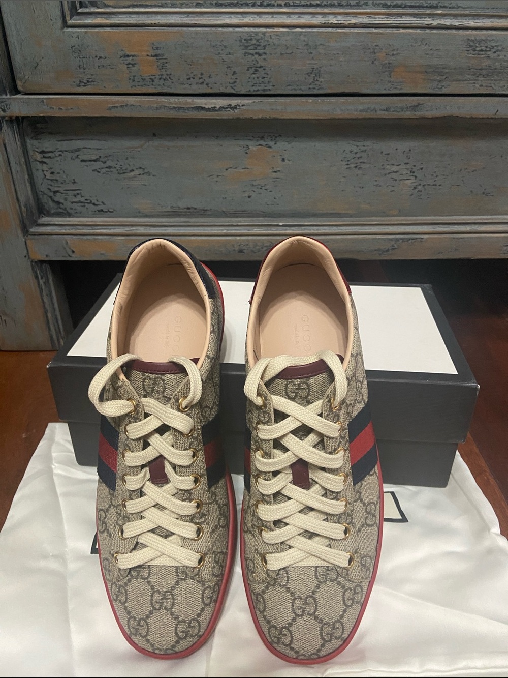 Gucci Beige GG Supreme Sneakers with Red Sole and Navy/Red Web Stripe - Picture 5 of 8